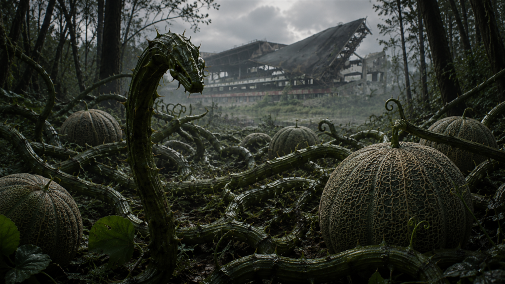 A serpentine creature with a spiky, vine-like body rises from a field of large, textured melons in front of a ruined stadium.