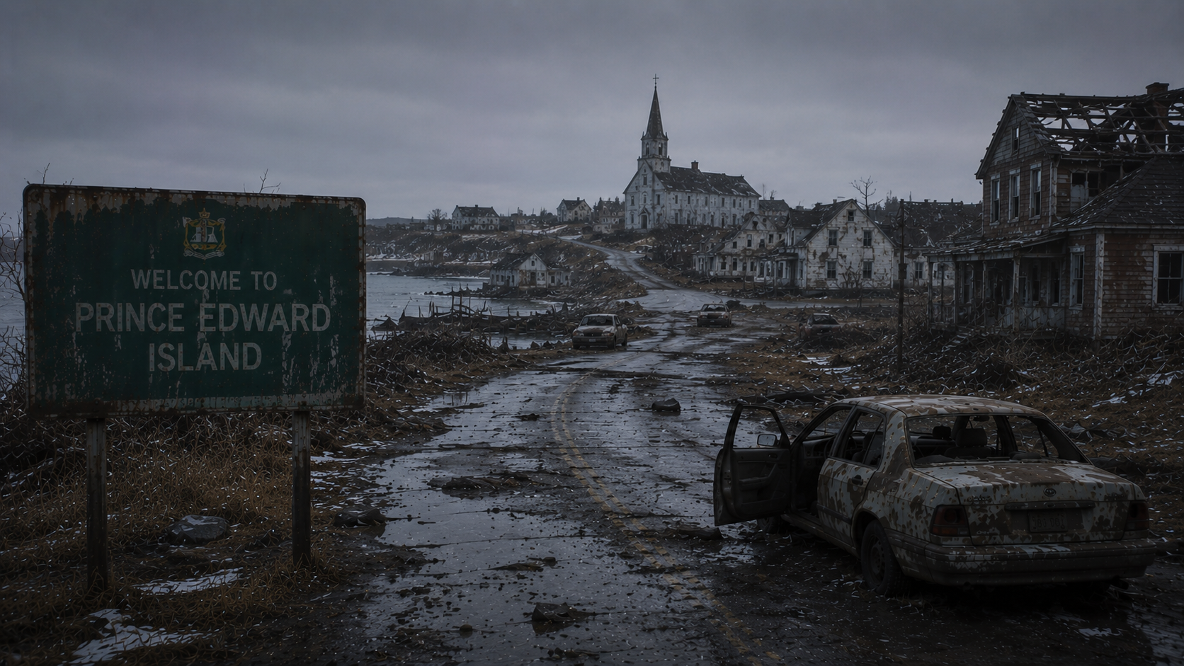 A rusted welcome sign for Prince Edward Island stands beside a desolate, debris-strewn road leading to a ruined coastal village under a grey sky.