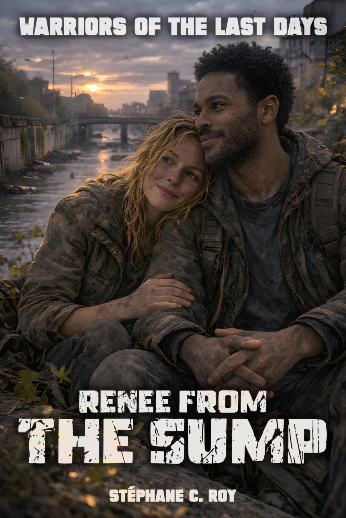 A man and a woman sit together by a river in a post-apocalyptic setting, with the book title Renee from the Sump displayed prominently.