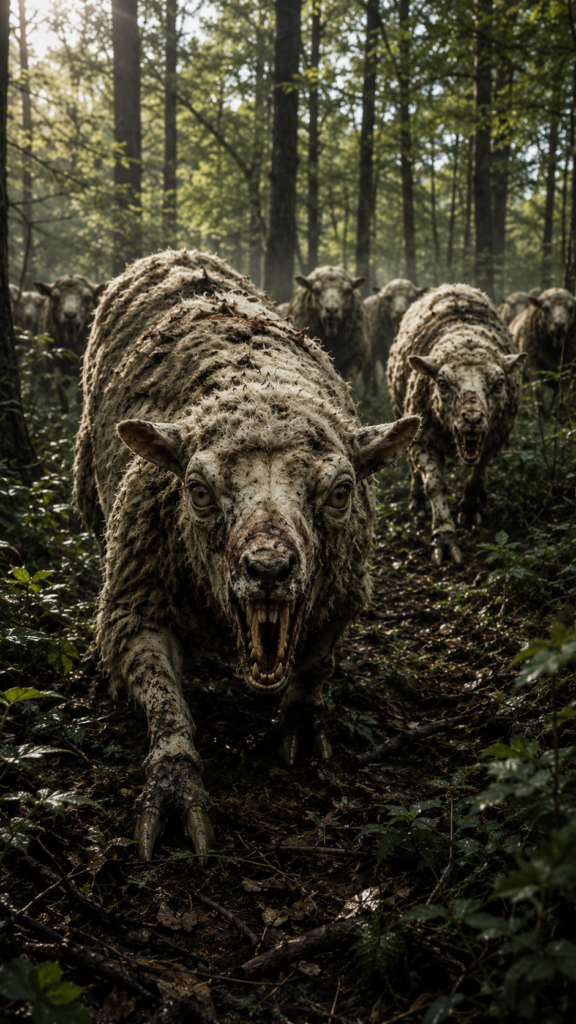 A pack of aggressive, sheep-like creatures with sharp teeth charging through a dense, sunlit forest.