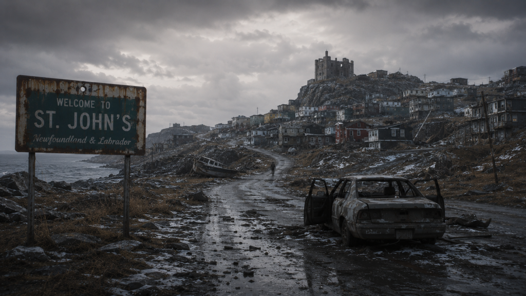 A rusted welcome sign for St. John's stands by a desolate, rocky road leading toward a dilapidated coastal town under a dark sky.