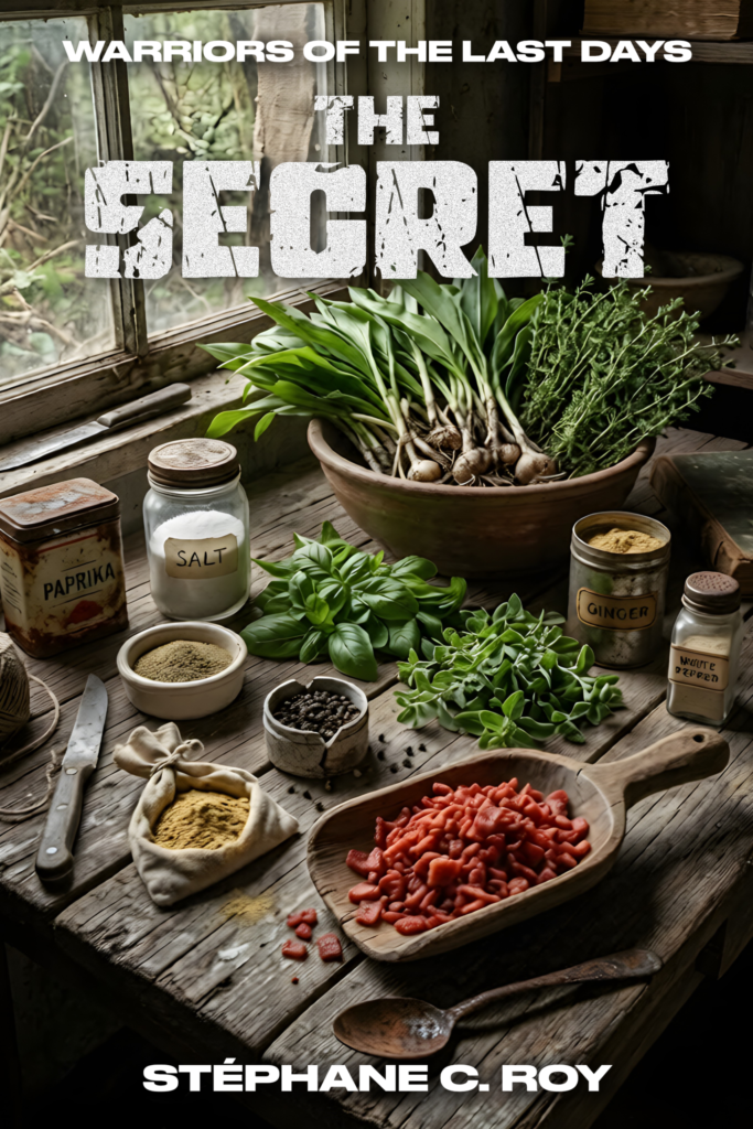 A rustic wooden table covered with various fresh herbs, spices, and ingredients, including a bowl of ramps, a wooden scoop of red pieces, and labeled jars of paprika, salt, and ginger.