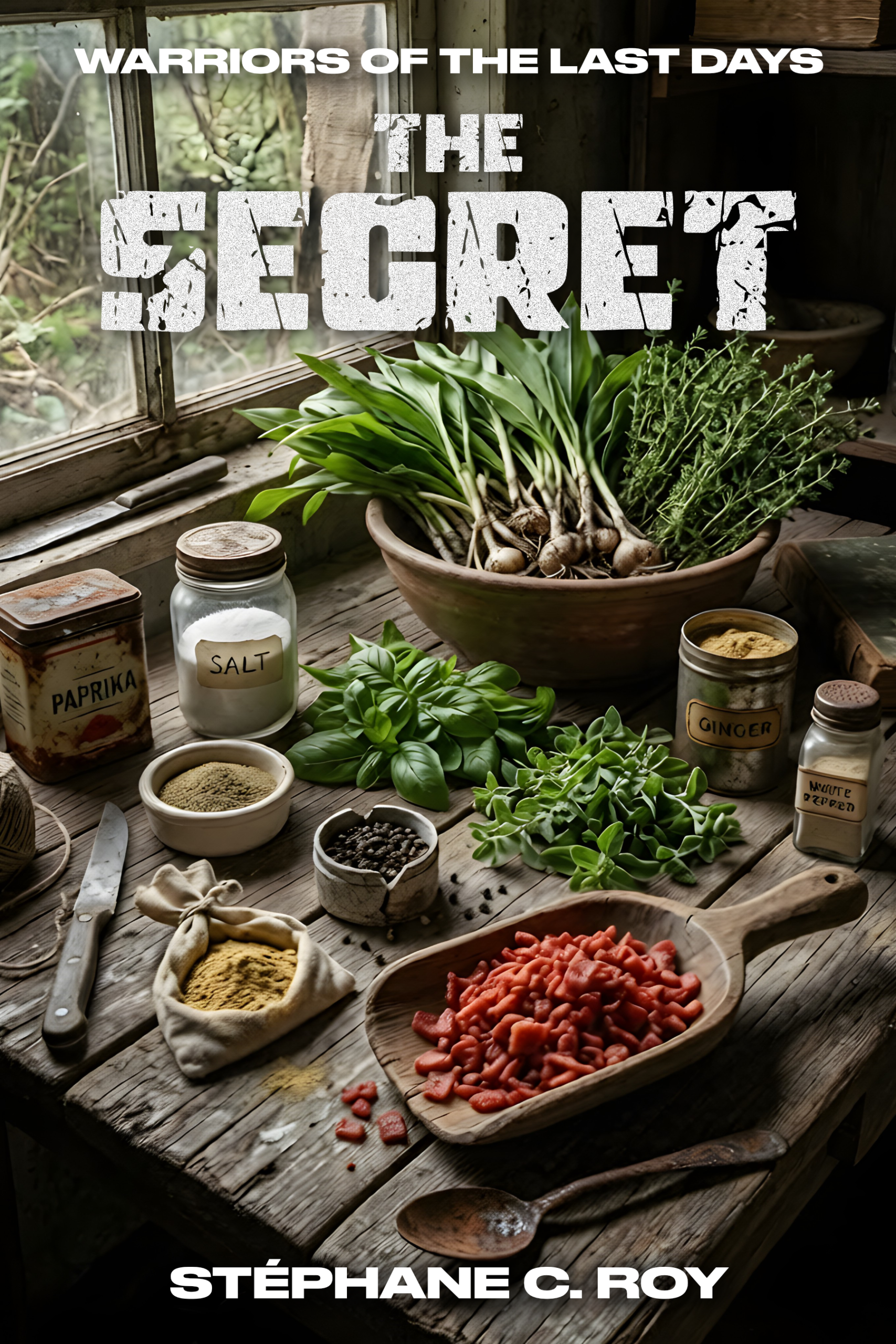 A rustic wooden table covered with various fresh herbs, spices, and ingredients, including a bowl of ramps, a wooden scoop of red pieces, and labeled jars of paprika, salt, and ginger.