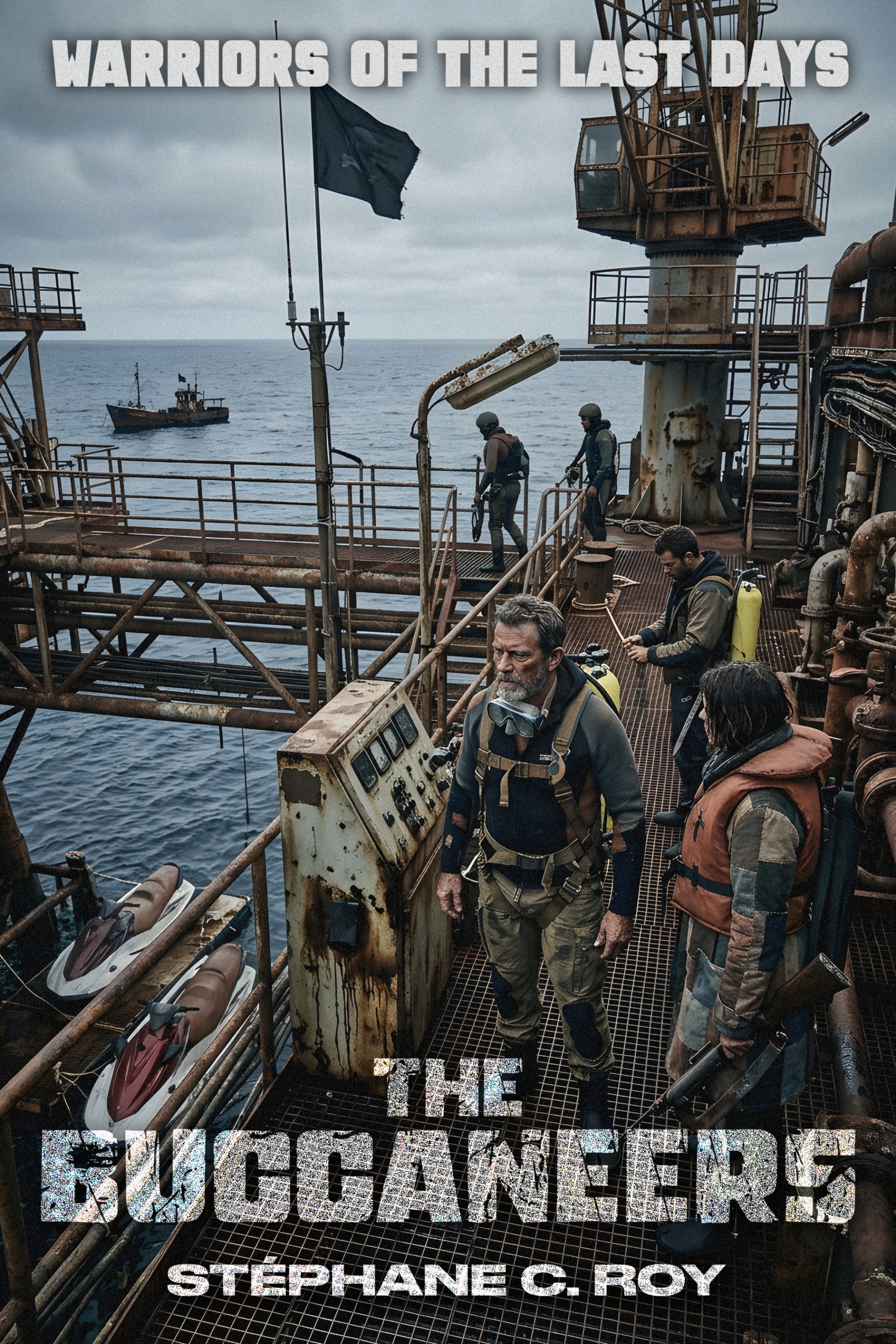 A group of people in tactical gear and life vests stand on a rusted industrial platform at sea, with a small boat visible in the distance.