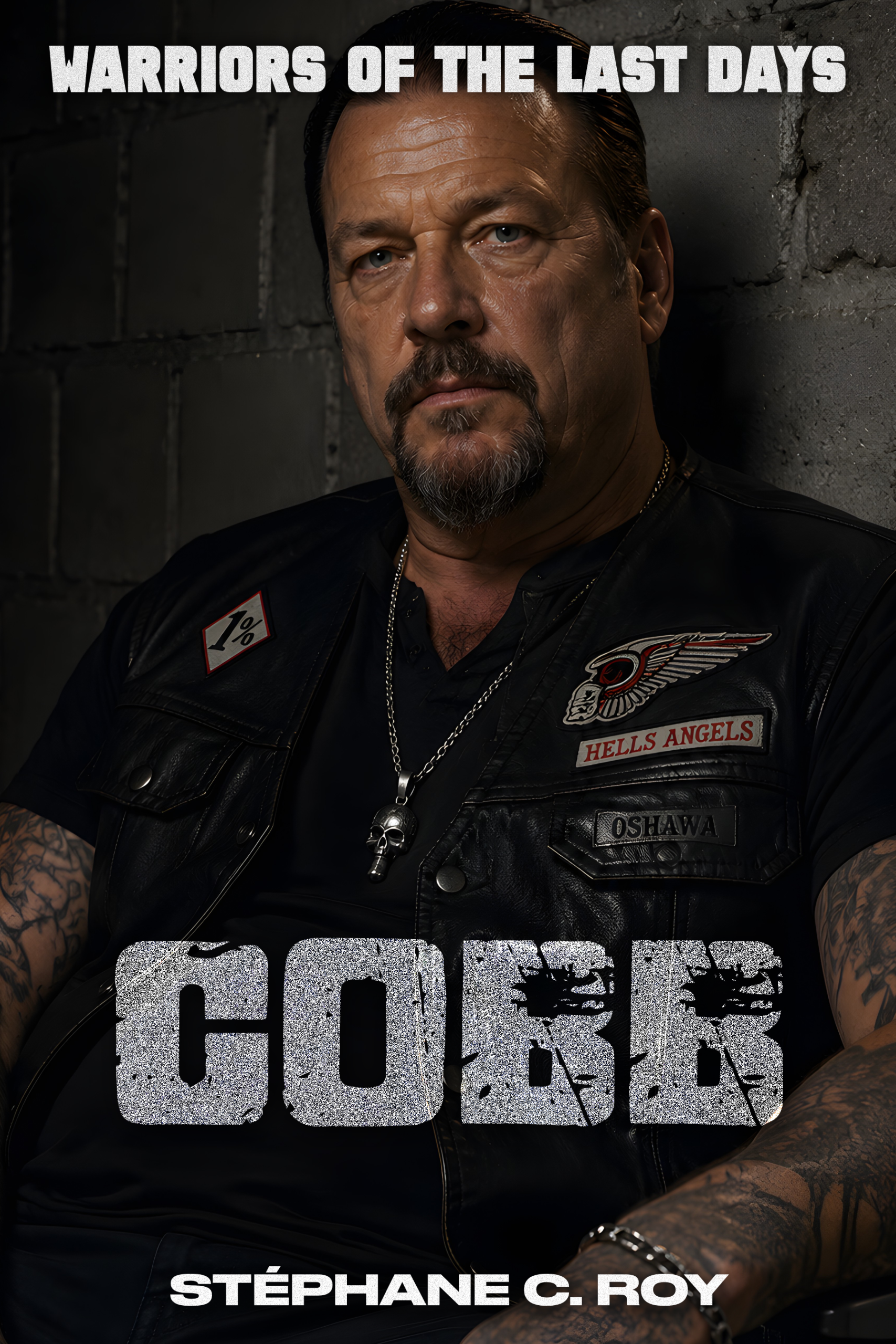 A man with a goatee and tattoos wearing a leather vest with Hells Angels patches, featured on the book cover for Cobb by Stéphane C. Roy.