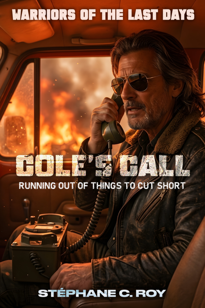 A man in a leather jacket and sunglasses sits in a vehicle, talking on a vintage radio handset while a fire burns in the background.