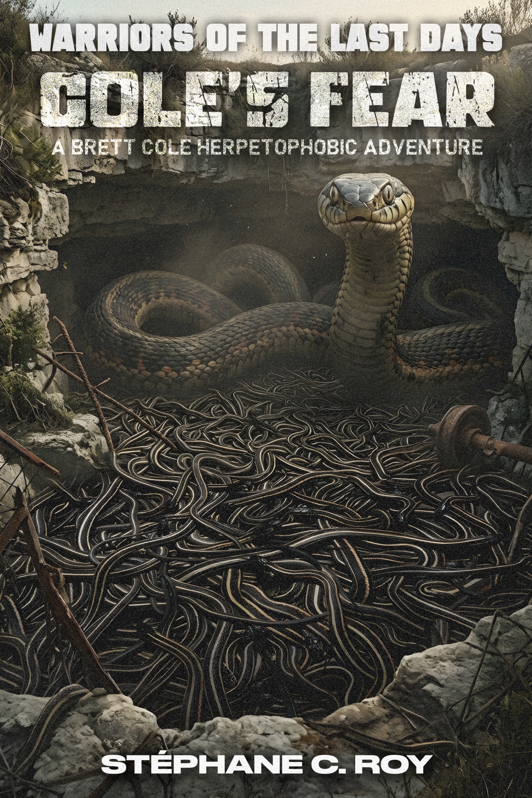 Book cover for Warriors of the Last Days: Cole's Fear by Stéphane C. Roy, featuring a large snake rising from a pit filled with many smaller snakes.