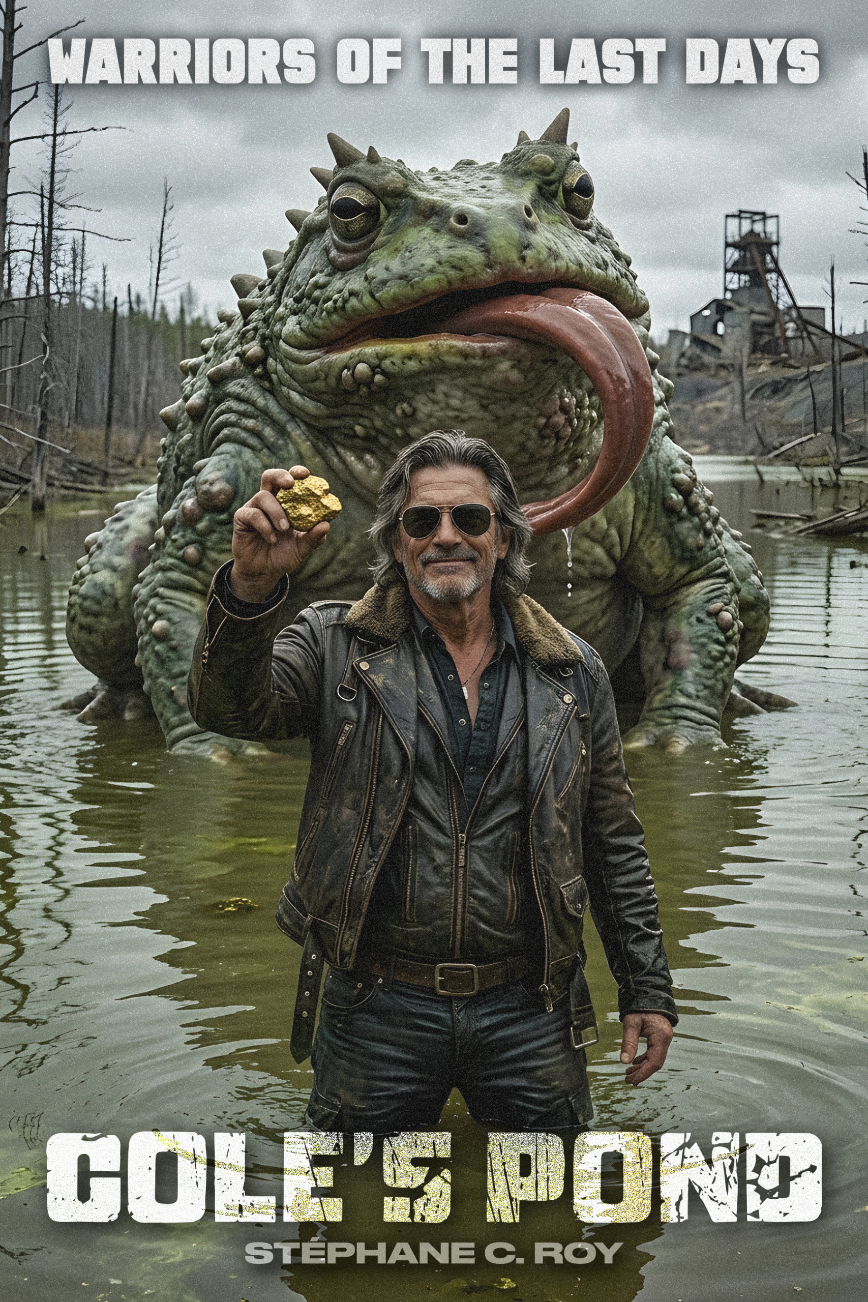 A man in a leather jacket stands in a pond holding a gold nugget, with a giant toad looming behind him in a post-apocalyptic landscape.