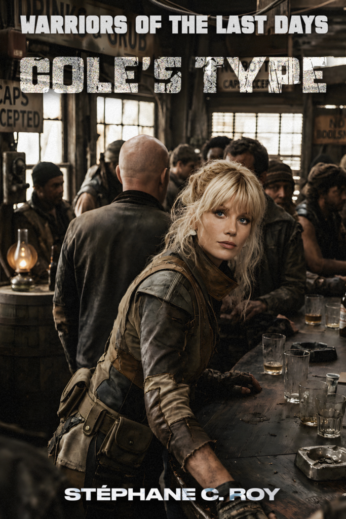 A woman with blonde hair and a rugged jacket stands at a wooden bar in a dimly lit, post-apocalyptic setting, with other people blurred in the background.