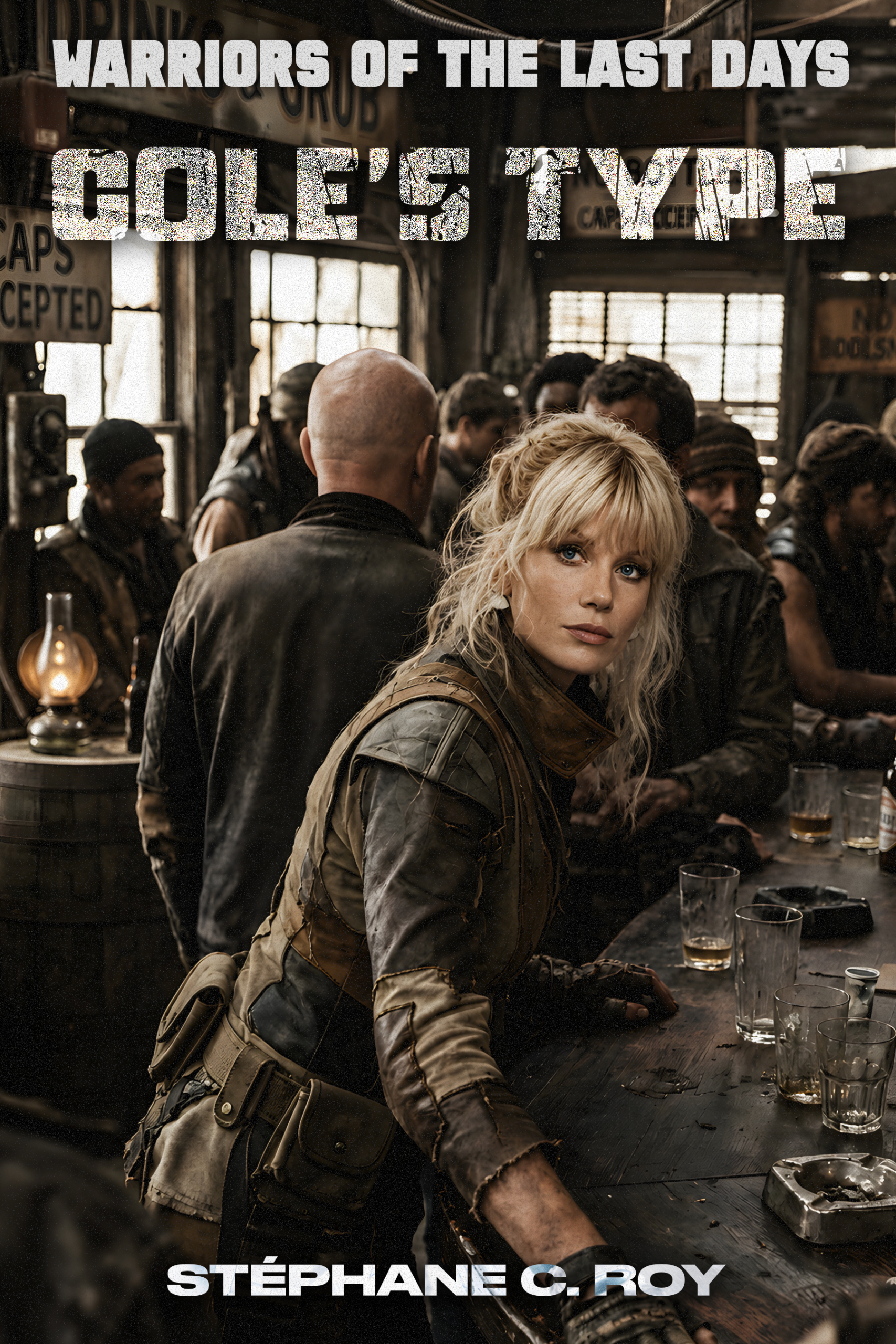 A woman with blonde hair and a rugged jacket stands at a wooden bar in a dimly lit, post-apocalyptic setting, with other people blurred in the background.