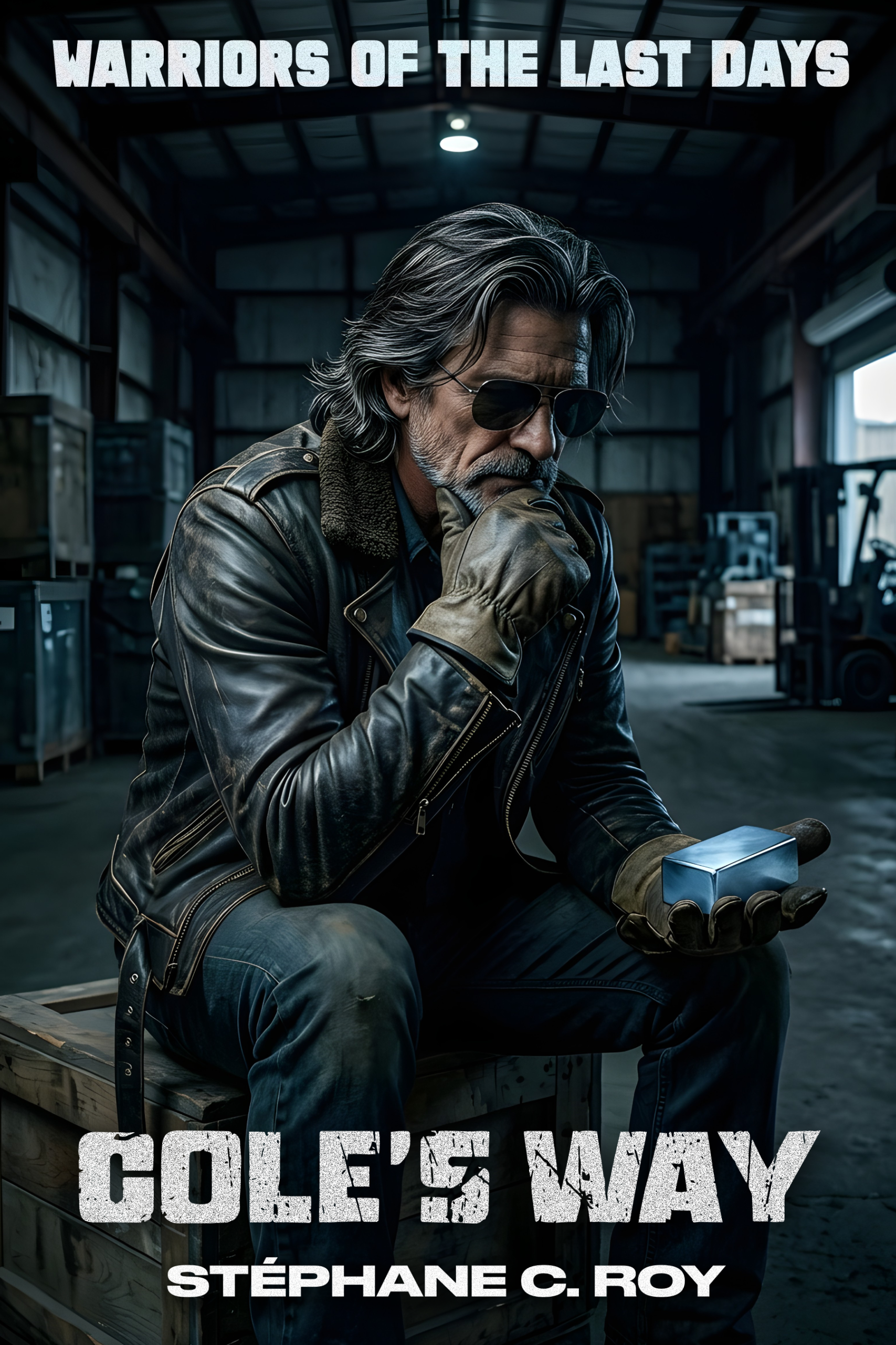 A man with graying hair and sunglasses sits in a dim warehouse, wearing a leather jacket and gloves while holding a small metallic object.