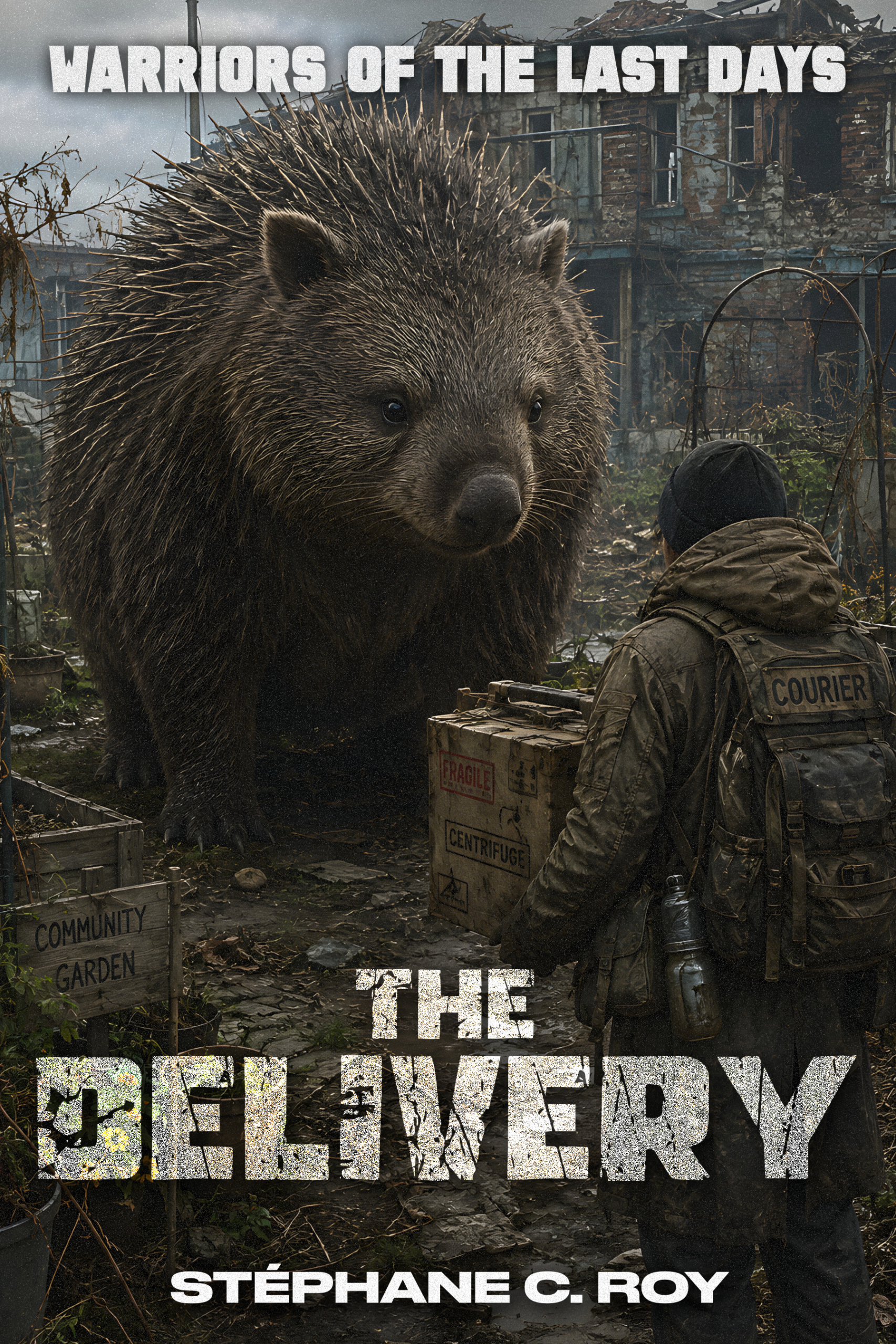 A courier in a post-apocalyptic setting stands before a giant, spiky wombat-like creature in a ruined community garden.