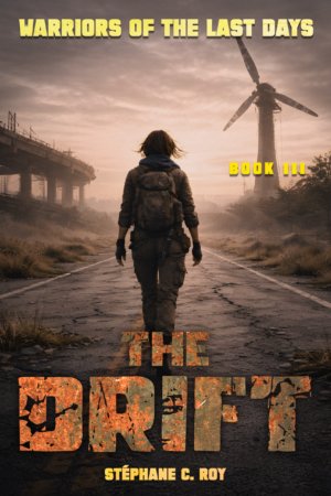 A person with a backpack walks down a cracked, desolate road toward a distant wind turbine under a hazy sky, as depicted on the cover of the novel The Drift.