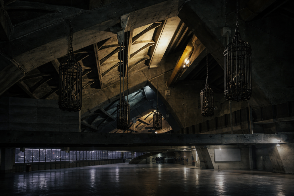 A dark, cavernous concrete interior featuring large metal cages suspended from the angular ceiling beams.