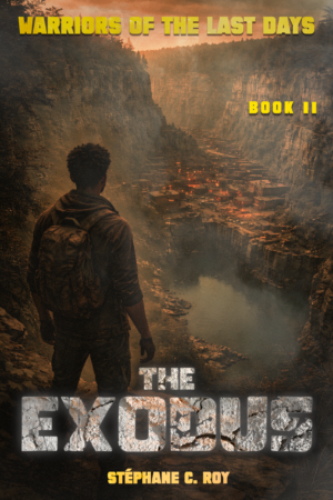 THE EXODUS: A person with a backpack stands on a cliff edge overlooking a burning settlement in a deep canyon, representing the cover art for the novel The Exodus.