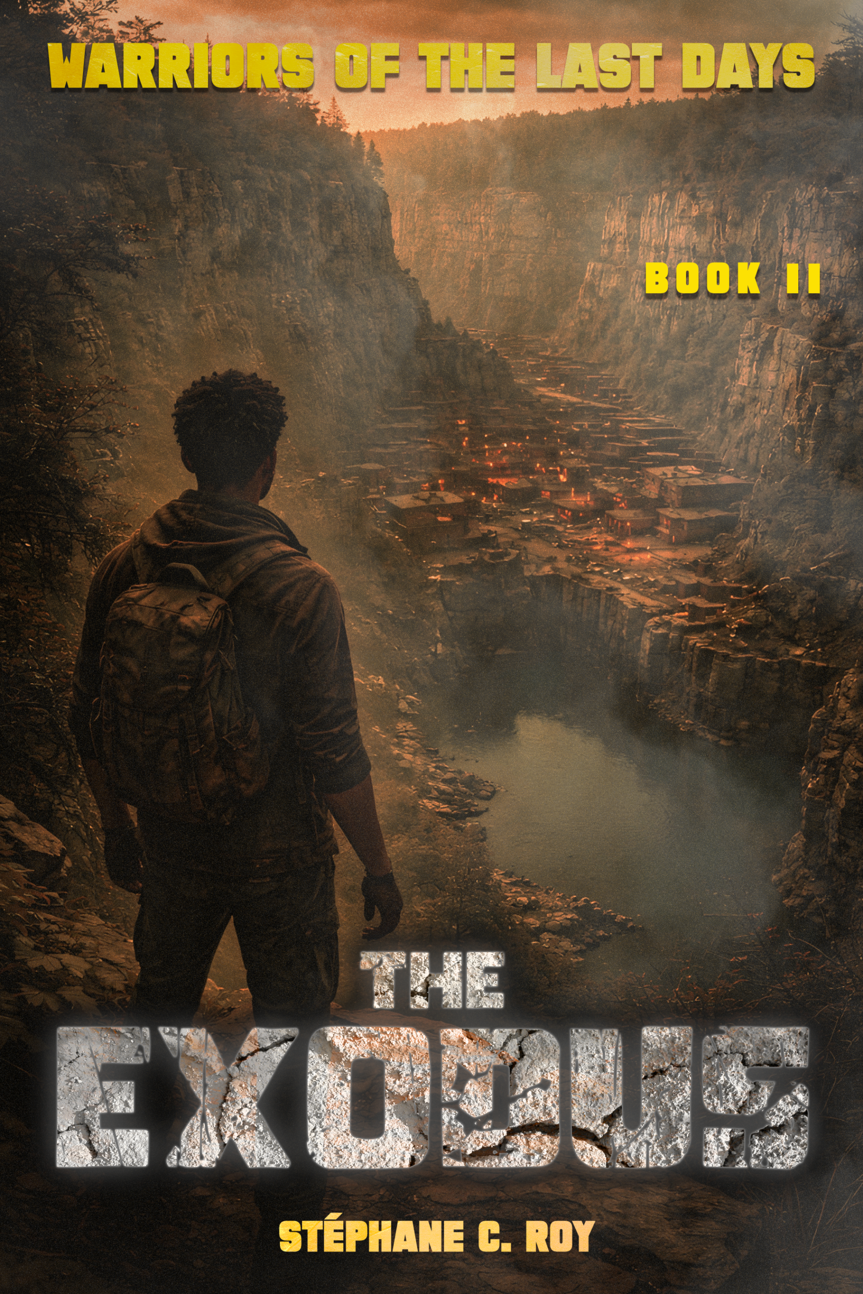 THE EXODUS: A person with a backpack stands on a cliff edge overlooking a burning settlement in a deep canyon, representing the cover art for the novel The Exodus.