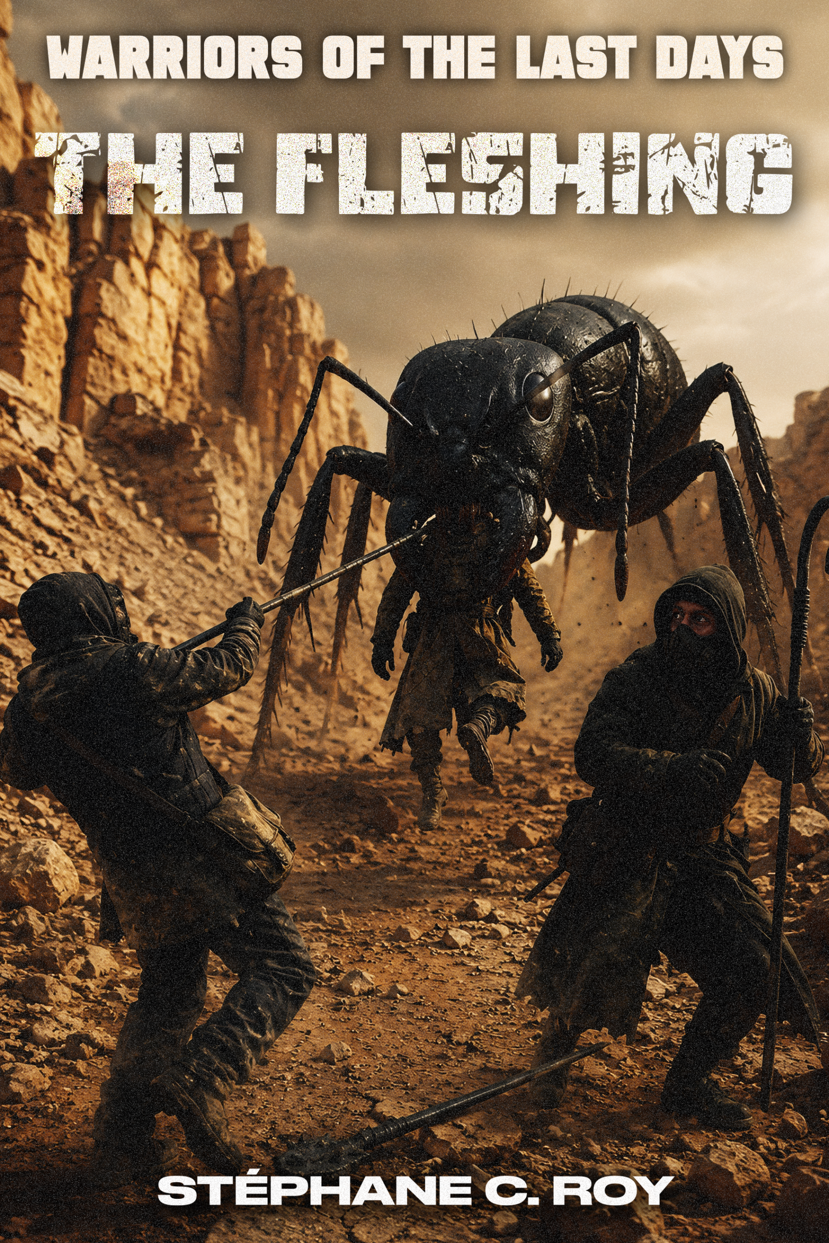 Book cover art for The Fleshing featuring two hooded figures in a rocky wasteland confronting a giant ant-like creature.