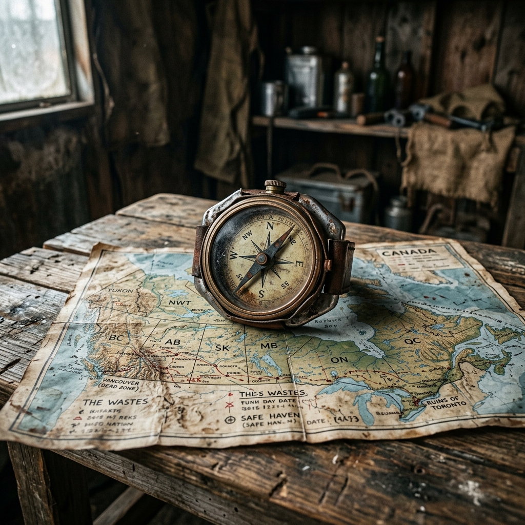 A weathered brass compass sits on a worn, hand-drawn map of Canada labeled with post-nuclear locations like the Vancouver Dead Zone and Ruins of Toronto.