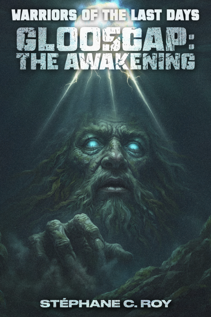 Book cover art for Warriors of the Last Days: Glooscap: The Awakening by Stéphane C. Roy, featuring a weathered, glowing-eyed figure emerging from darkness.