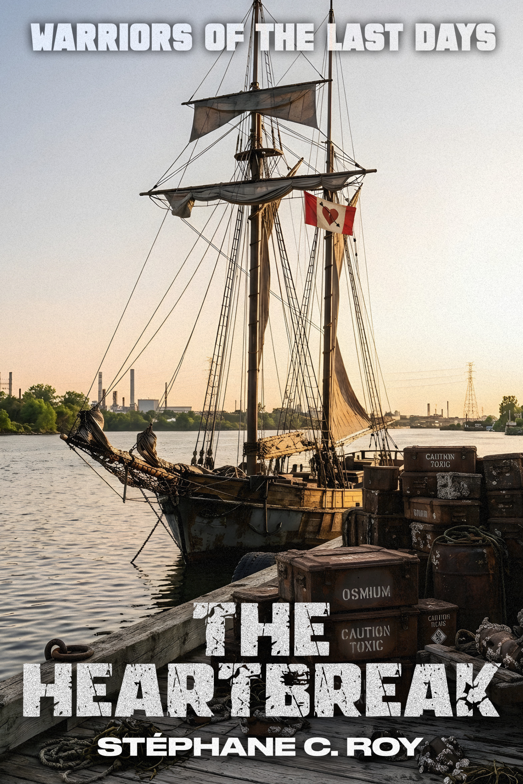 A wooden sailing ship docked at a pier with crates marked Caution Toxic, under the title Warriors of the Last Days and The Heartbreak.