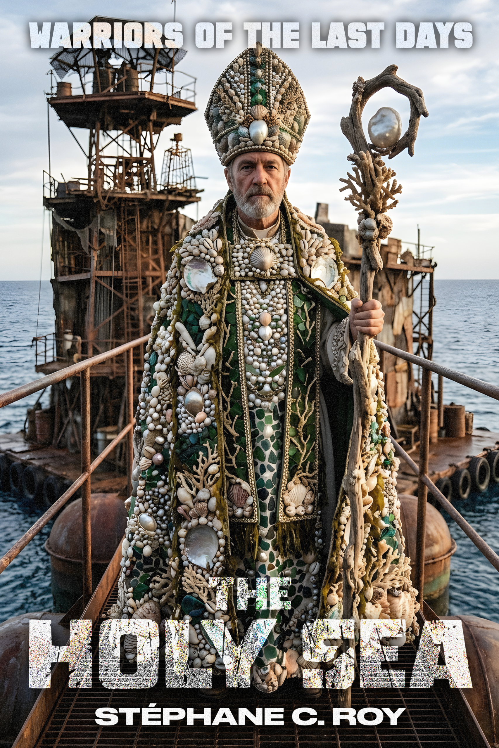 A man dressed in ornate robes covered in seashells and coral stands on a metal platform over the ocean, holding a staff topped with a large pearl.