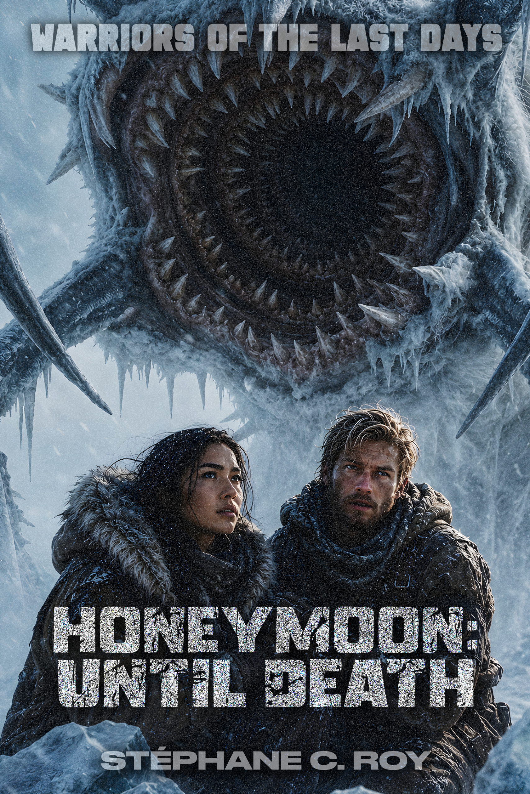 A man and a woman in winter gear stand before a massive, toothy, ice-covered creature in a snowy landscape, with the title Honeymoon: Until Death displayed prominently.
