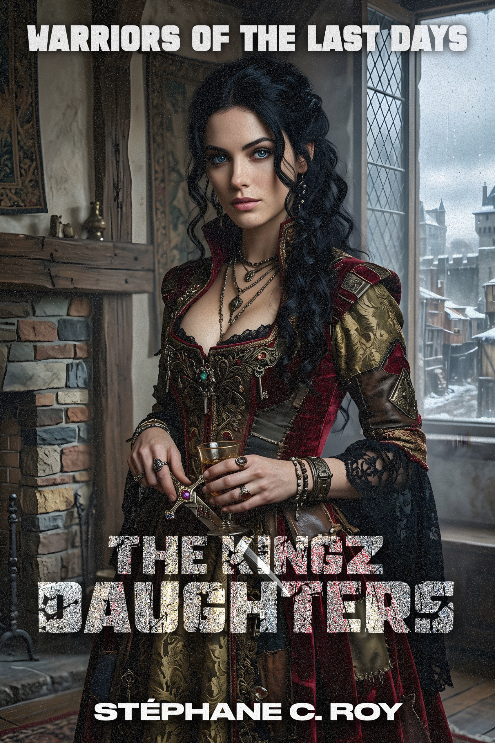A woman with dark hair and blue eyes wears an ornate, historical-style red and gold dress while holding a small dagger and a glass in a rustic room.