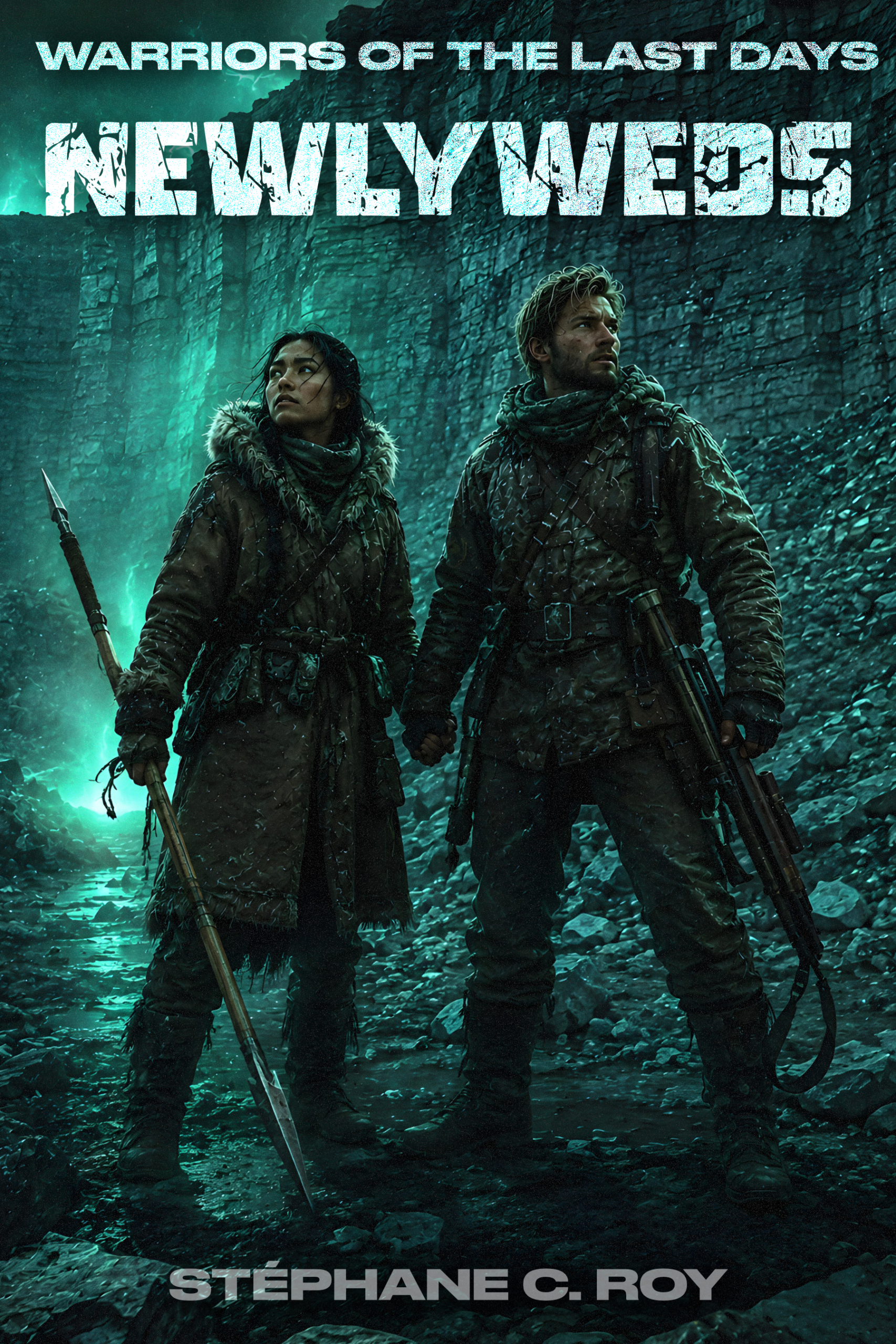 A man and a woman in rugged, post-apocalyptic winter gear stand together in a rocky, dimly lit landscape, holding hands while carrying weapons.