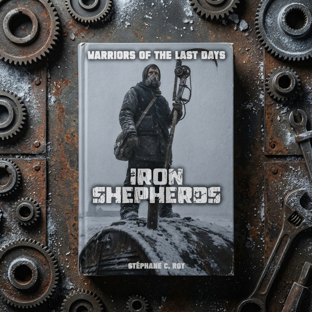 Book cover for Iron Shepherds: Warriors of the Last Days, featuring a figure in a gas mask and winter gear holding a mechanical scythe in a snowy, industrial setting.