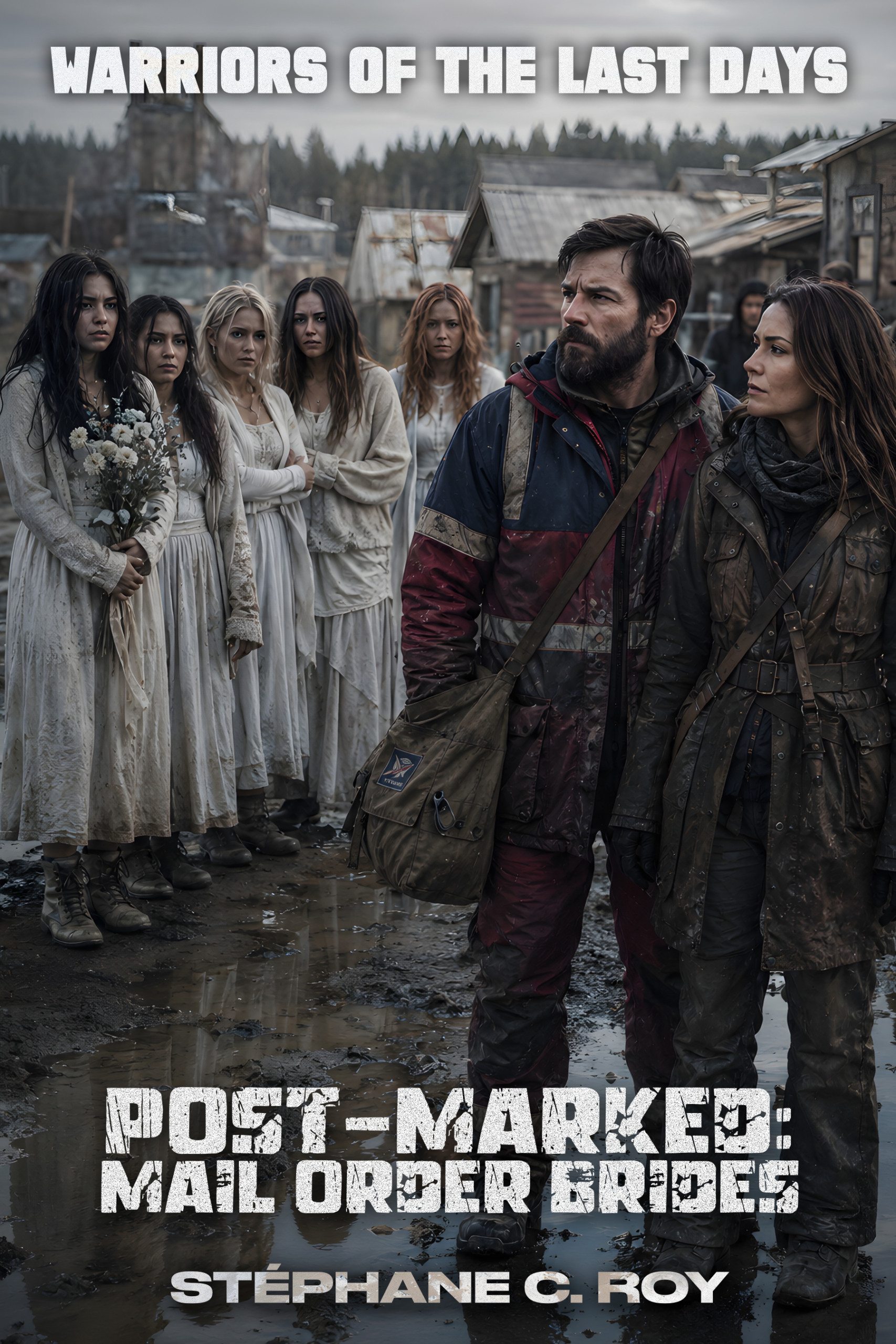 A group of people in a post-apocalyptic setting, with women in white dresses standing behind a man and woman in rugged outdoor gear.