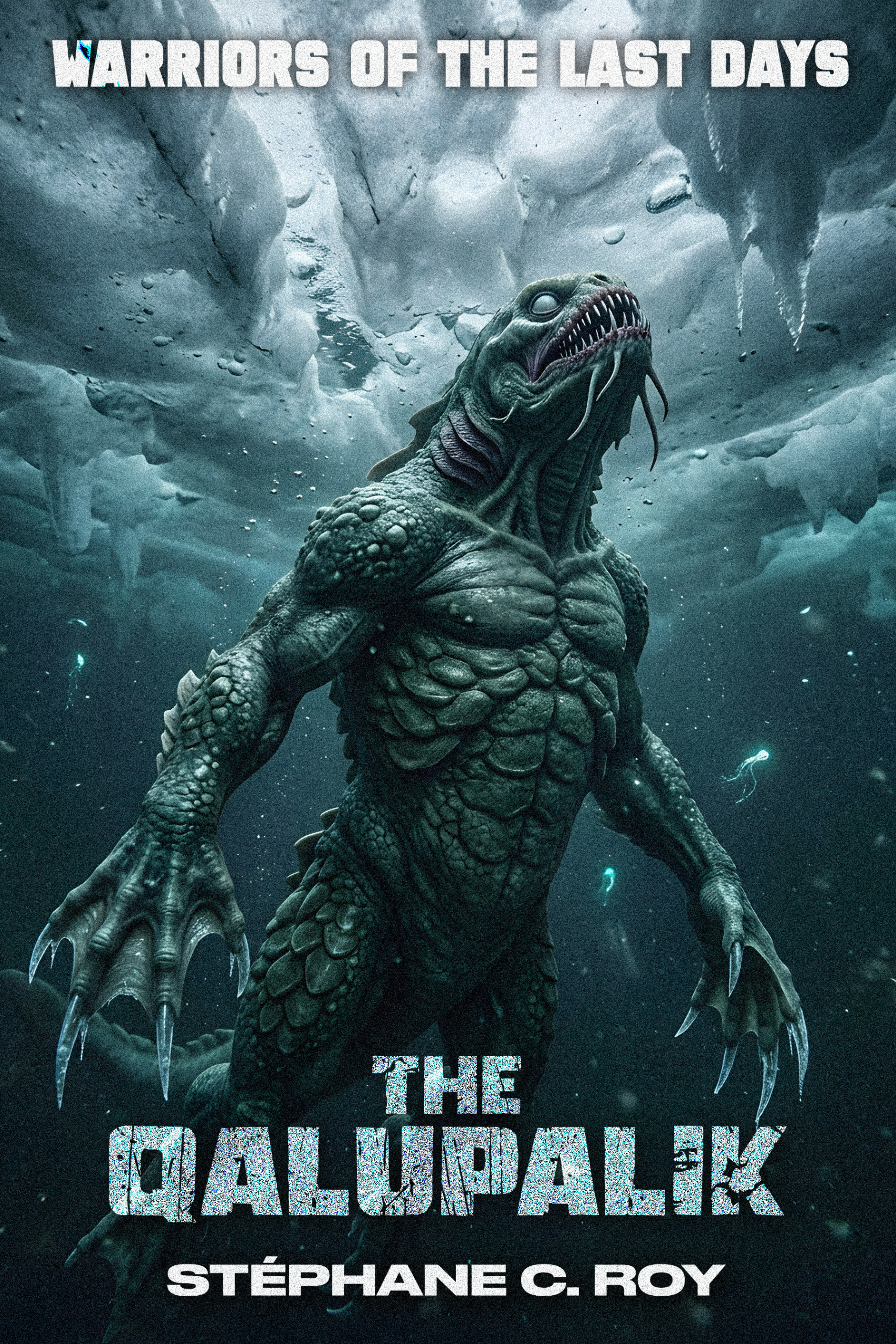 Book cover art for The Qalupalik, featuring a monstrous, scaled creature swimming beneath icy water.
