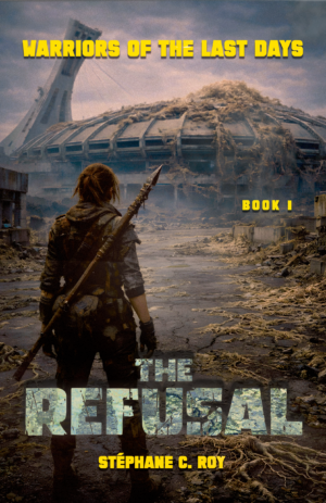 A person carrying a spear stands in a ruined, post-apocalyptic landscape facing a decaying stadium structure.