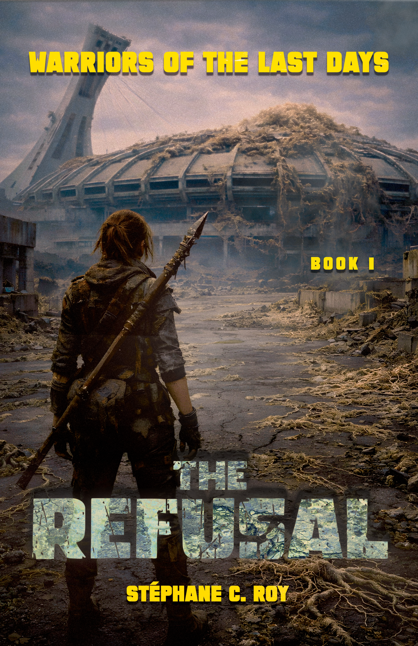 A person carrying a spear stands in a ruined, post-apocalyptic landscape facing a decaying stadium structure.