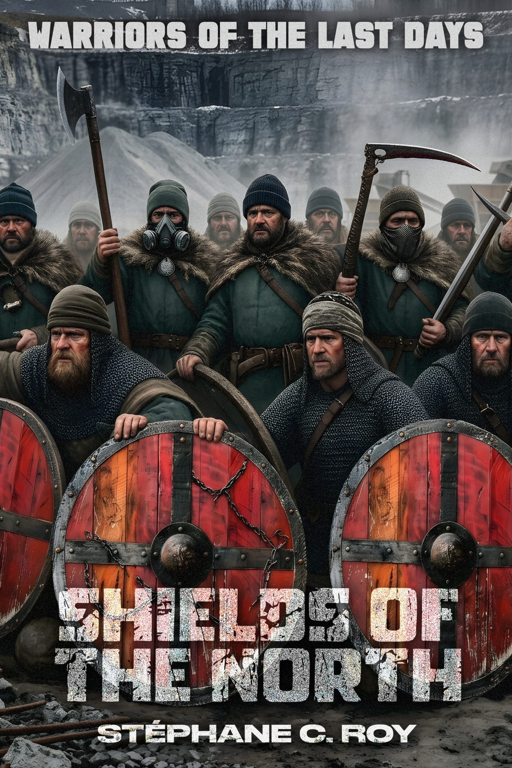 A group of men in post-apocalyptic gear and chainmail hold wooden shields and weapons in a desolate, rocky landscape.