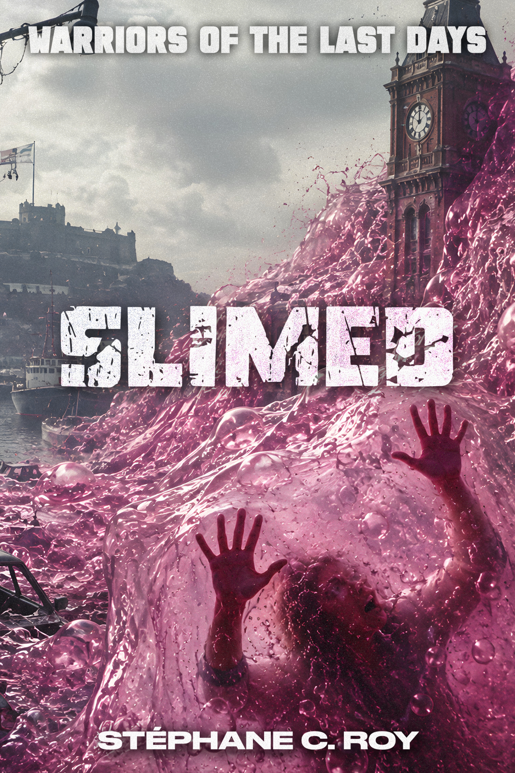 A person is partially submerged in a thick, bubbling pink substance in front of a clock tower and a coastal city landscape.