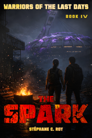 Two people stand before a campfire in a dark, post-apocalyptic landscape with a glowing, damaged stadium in the background.