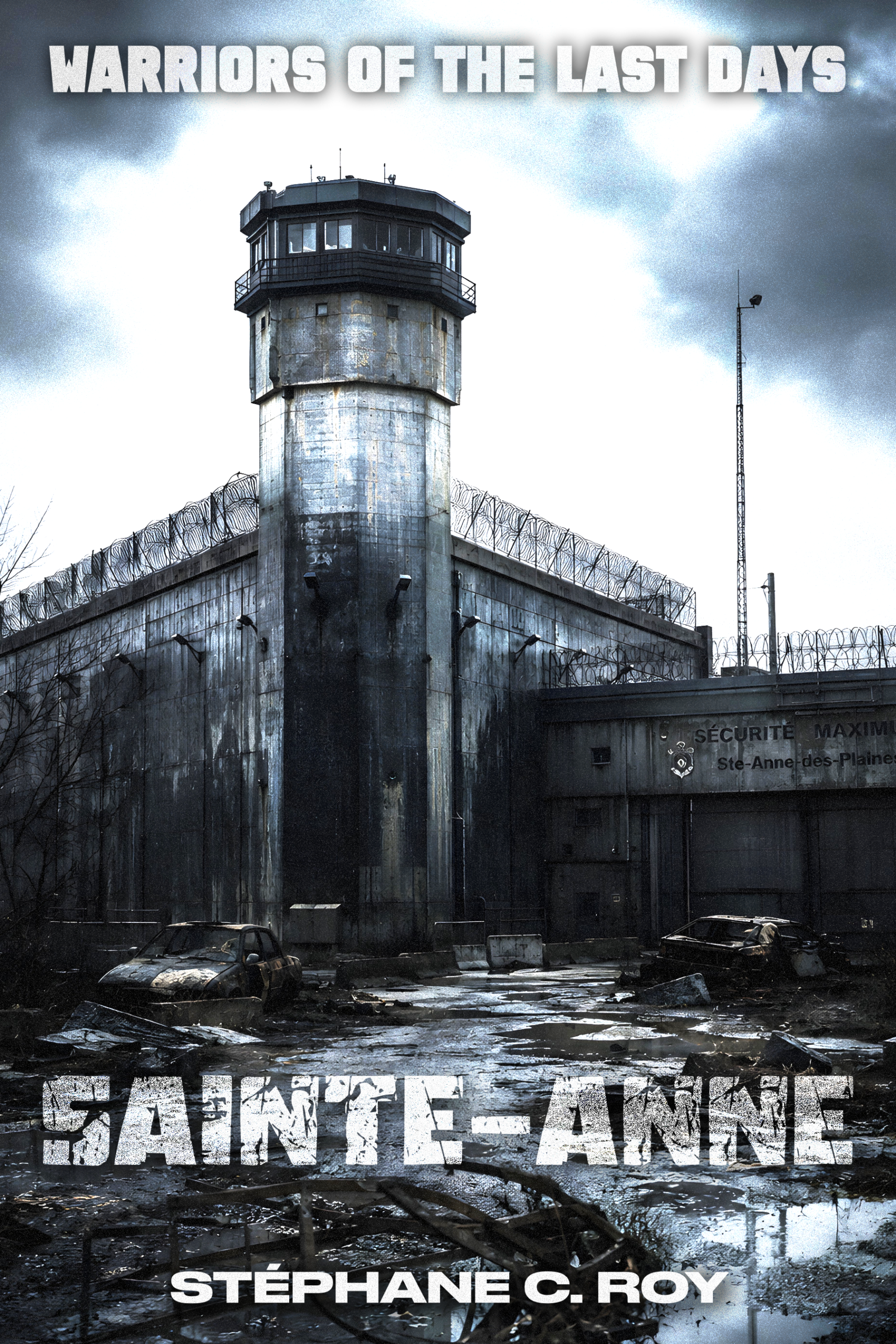 A dystopian book cover featuring a bleak, concrete prison tower at Ste-Anne-des-Plaines under a dark, cloudy sky with abandoned cars in the foreground.