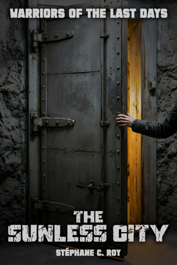 A hand opens a heavy, industrial metal door set into a rough, dark stone wall, revealing a warm golden light from within.