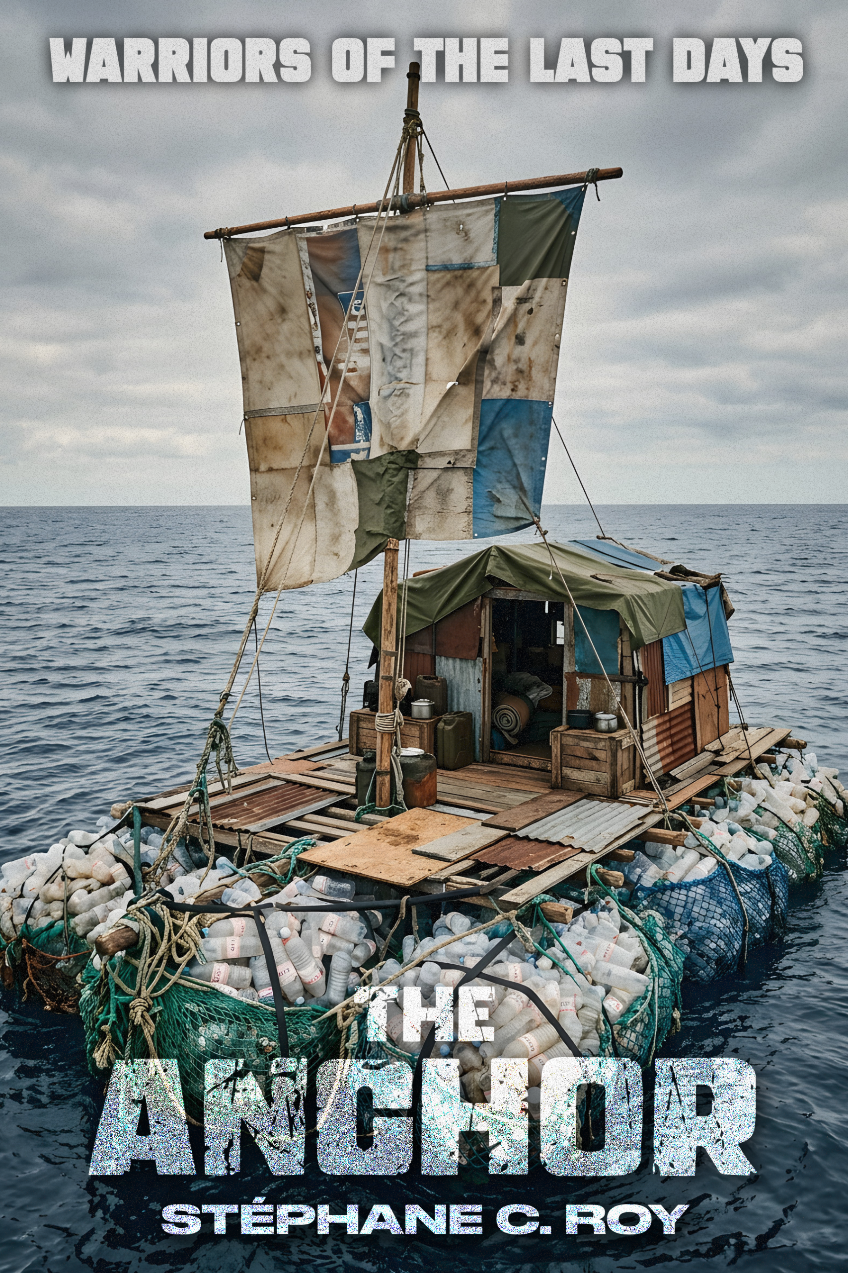 A makeshift raft constructed from wooden pallets and plastic bottles floats on the ocean under a cloudy sky, featuring the title The Anchor by Stéphane C. Roy.