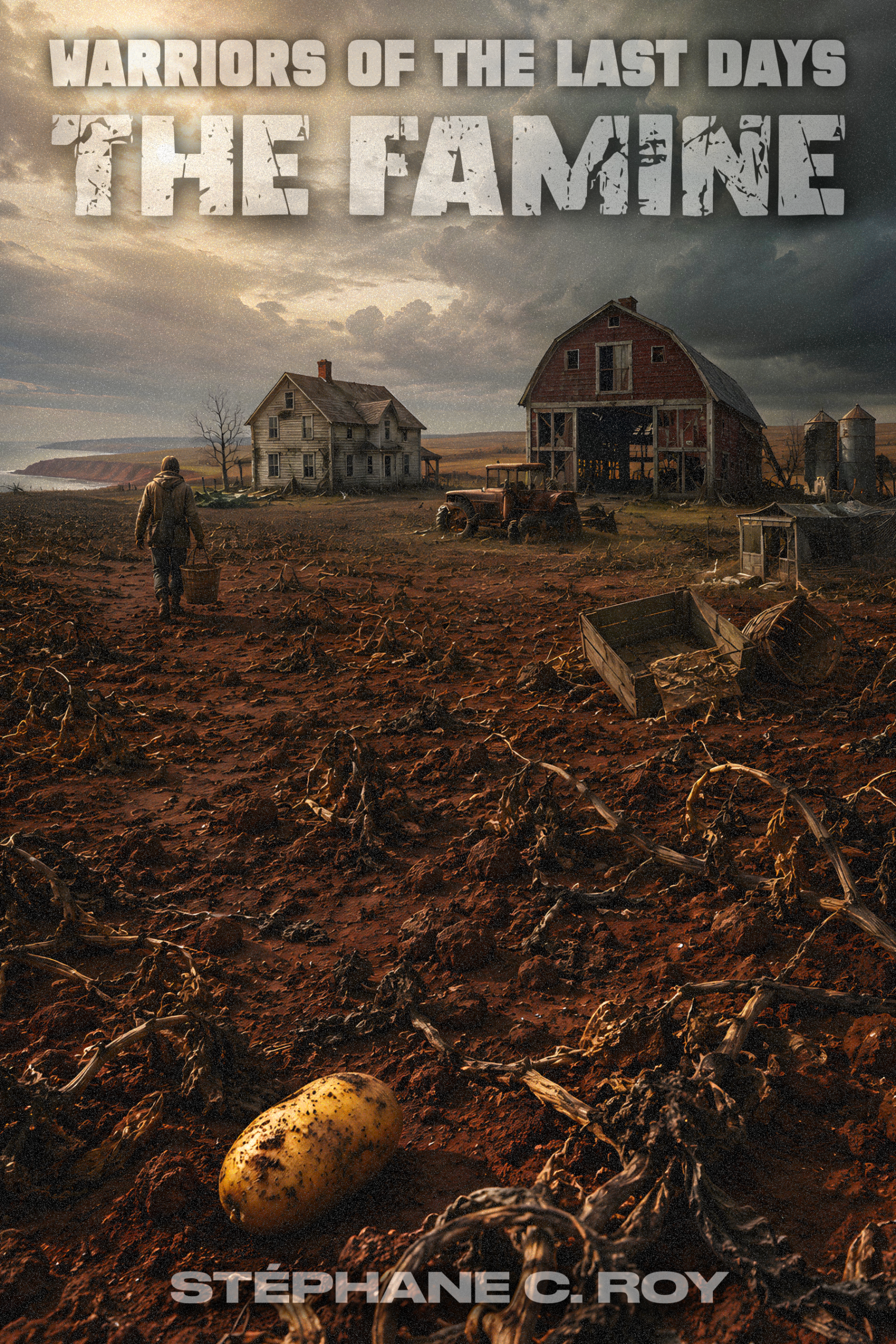Book cover for The Famine, featuring a lone figure walking through a desolate, barren farm field toward a dilapidated house and barn under a stormy sky.