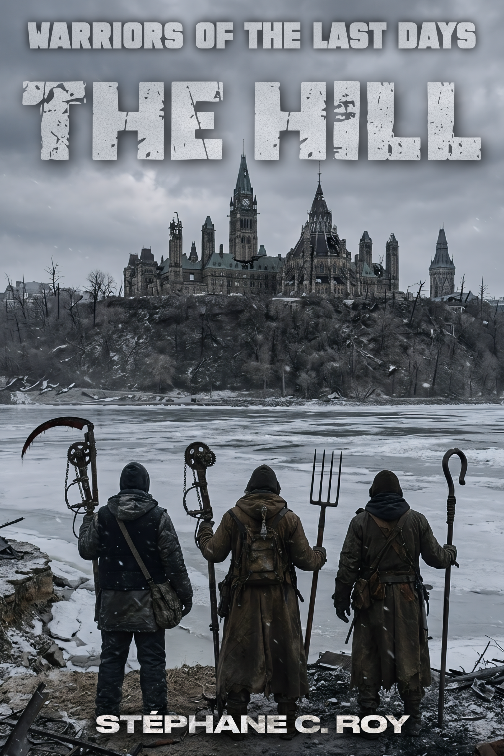 Three figures in rugged, post-apocalyptic gear stand by a frozen river looking toward a ruined gothic-style building on a hill.