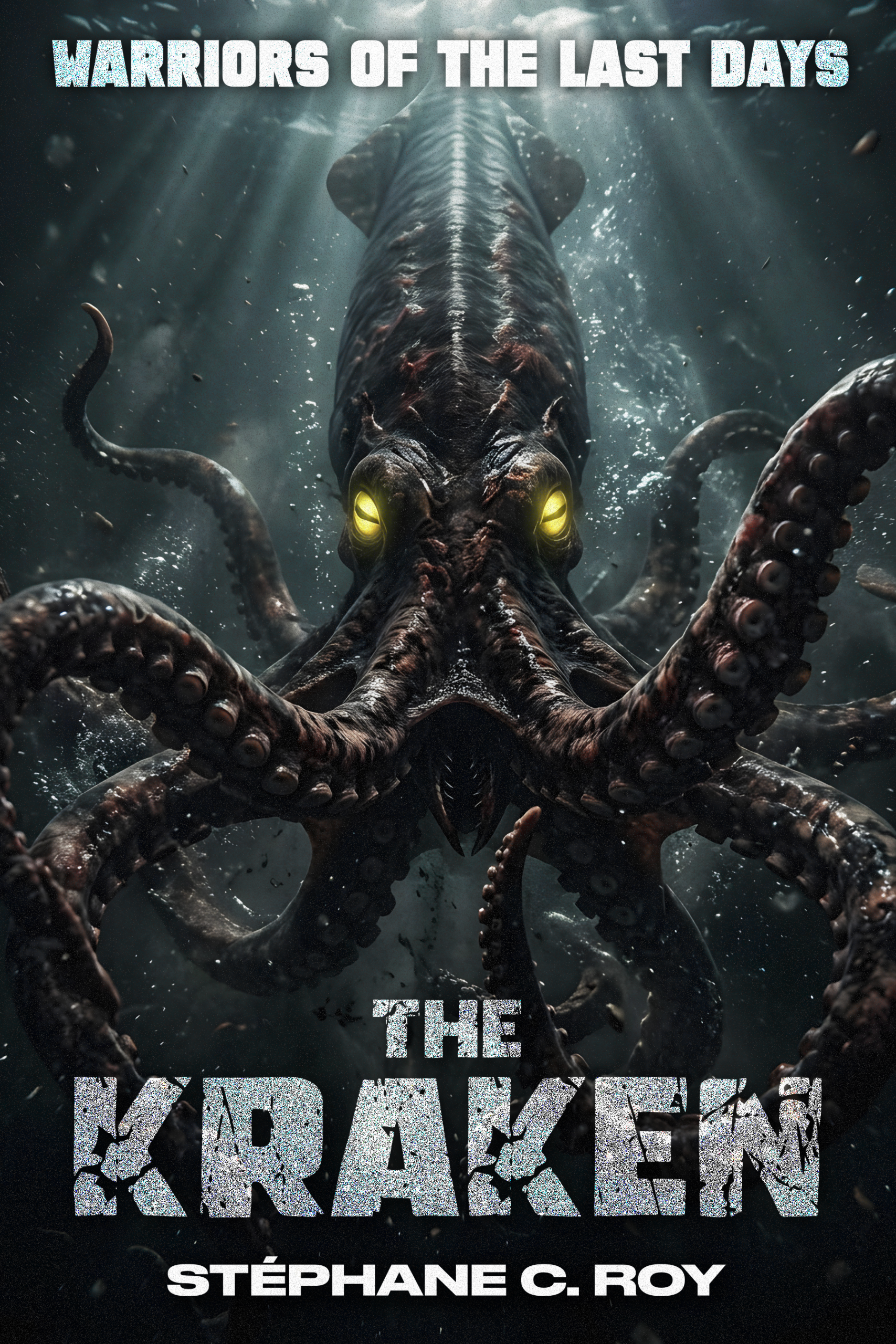 A dark, dramatic book cover featuring a large, menacing kraken with glowing yellow eyes emerging from deep, murky water.