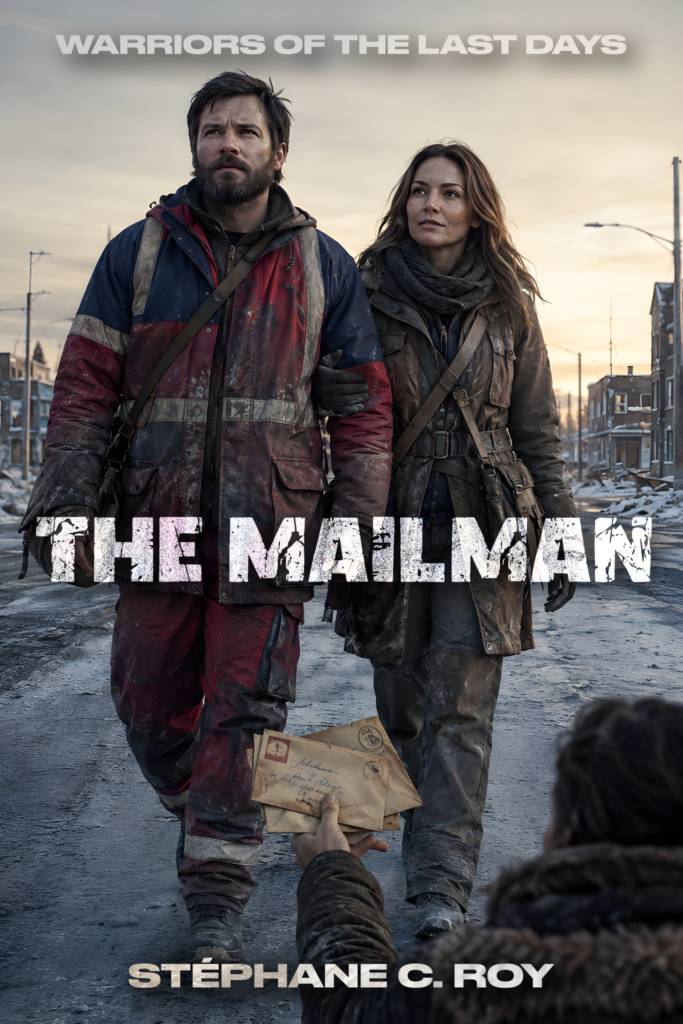 A man and a woman in worn, rugged clothing walk through a desolate, snow-covered street while a hand reaches out to offer them letters.
