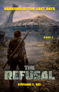A person carrying a spear stands in a ruined, post-apocalyptic landscape before a large, vine-covered stadium.