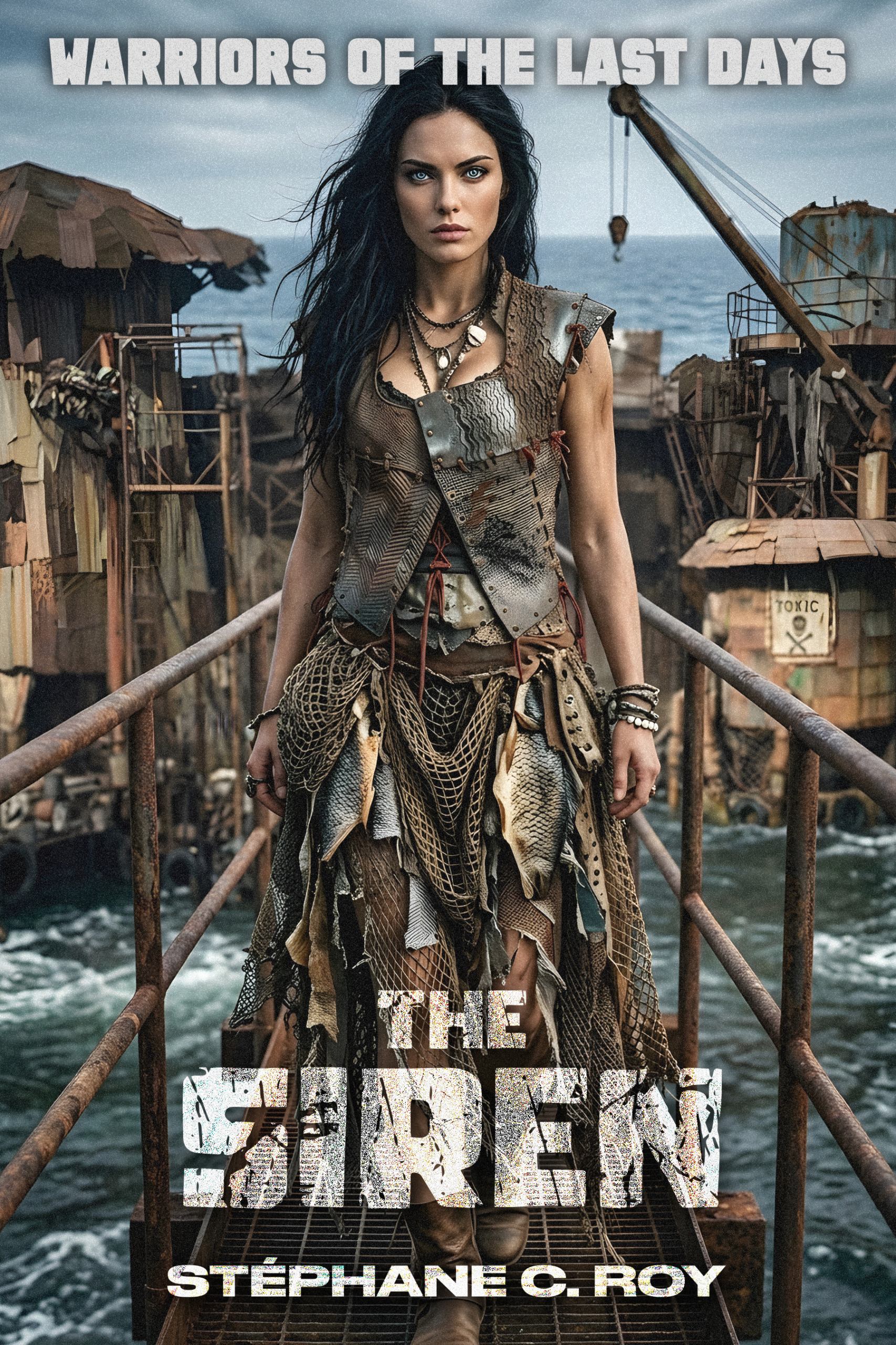 A woman with dark hair stands on a metal walkway in a post-apocalyptic setting, wearing tattered, scavenged clothing.