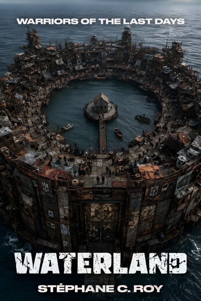 A dystopian circular floating city made of scrap metal and wood in the middle of the ocean, with a small house on a central island connected by a pier.