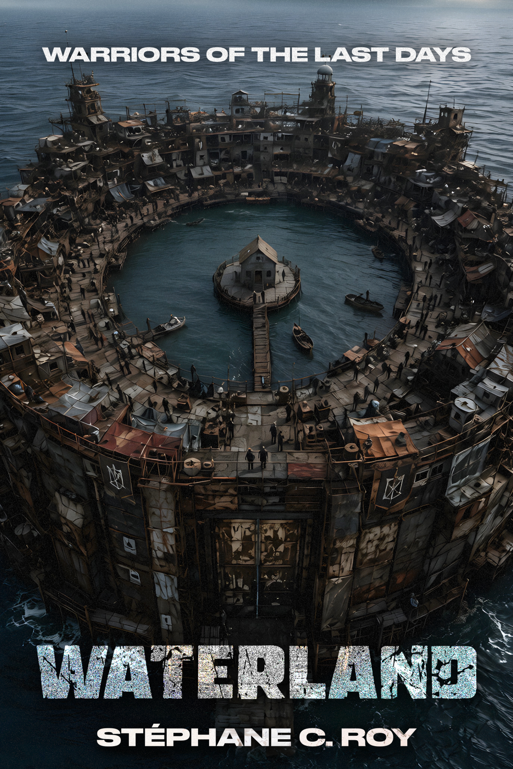 A circular, fortified settlement built on water, featuring a central island with a small house, surrounded by a ring of makeshift structures and towers, with the title Waterland and author name visible.