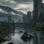 A desolate, overgrown city skyline with ruined skyscrapers and a sunken boat in a river, set against a backdrop of misty mountains.