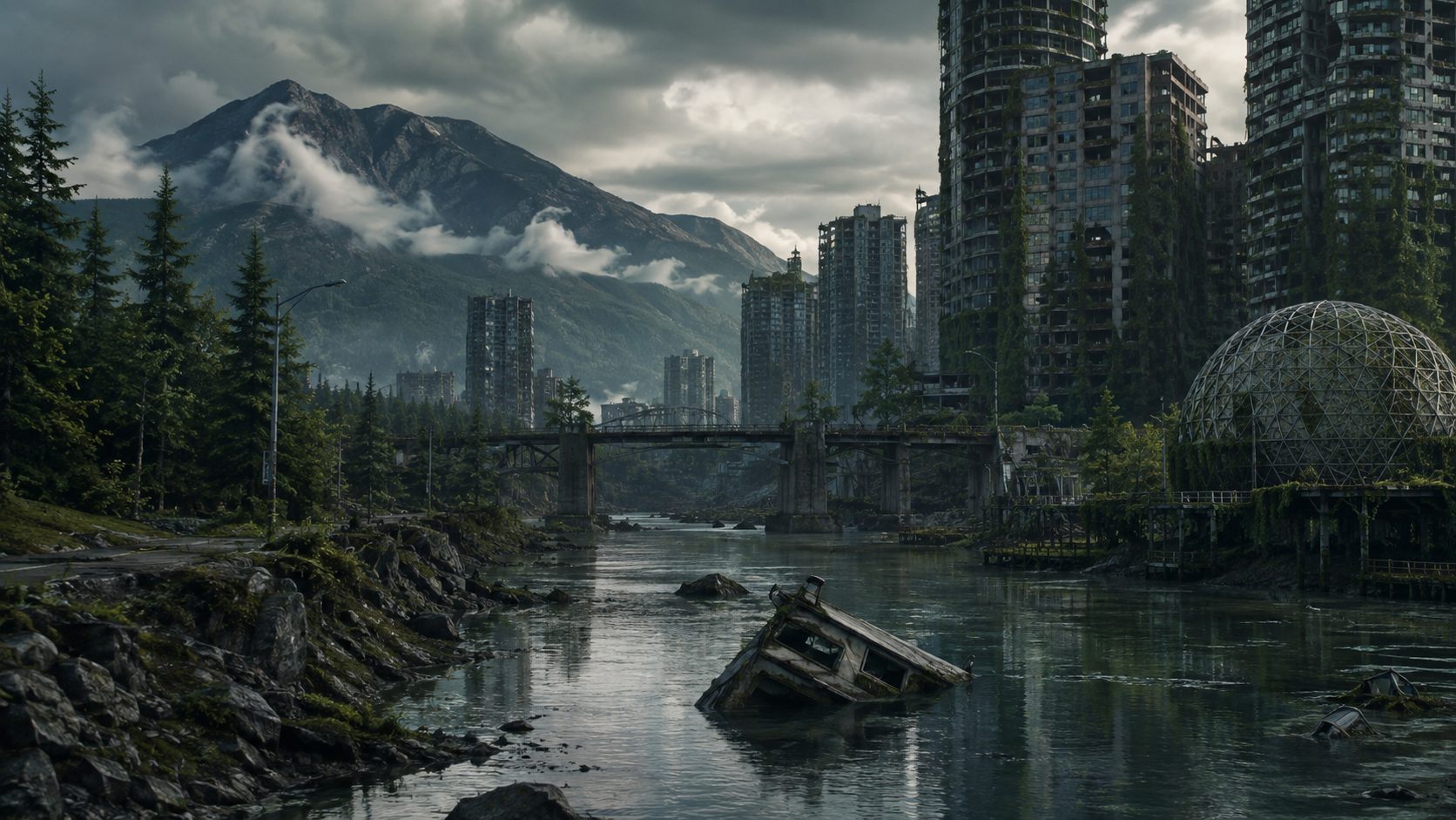 A desolate, overgrown city skyline with ruined skyscrapers and a sunken boat in a river, set against a backdrop of misty mountains.