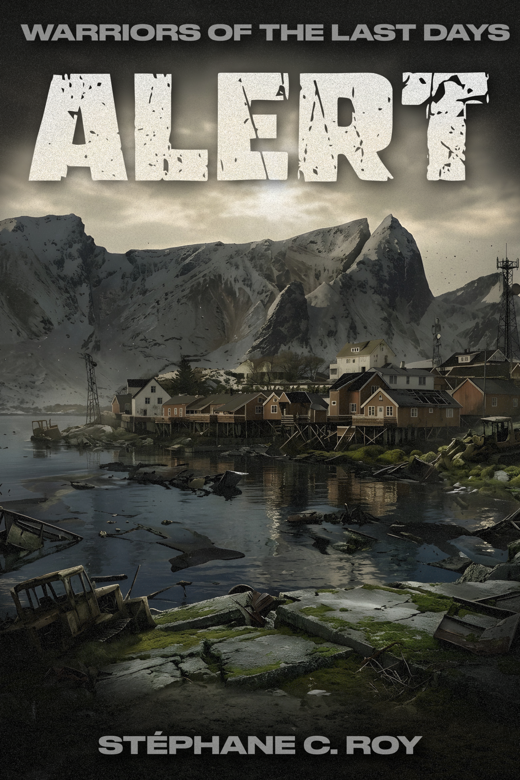 Book cover for Warriors of the Last Days: Alert, featuring a desolate, post-apocalyptic coastal village under a dark, cloudy sky.